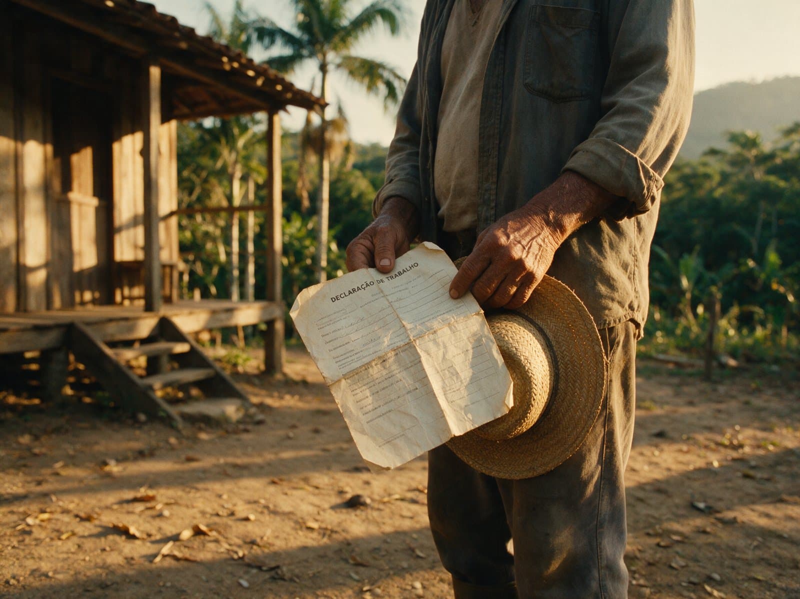 Trabalhador rural segurando um chapéu de palha e um documento de trabalho