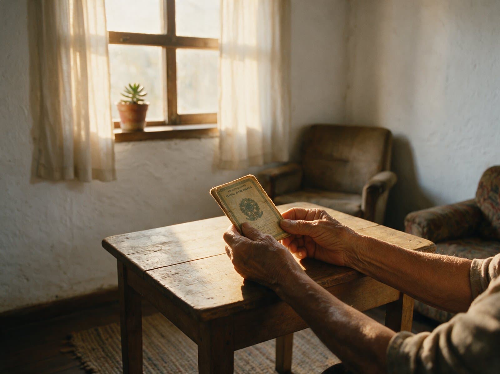 Mãos de uma pessoa idosa segurando um documento, à luz de uma janela