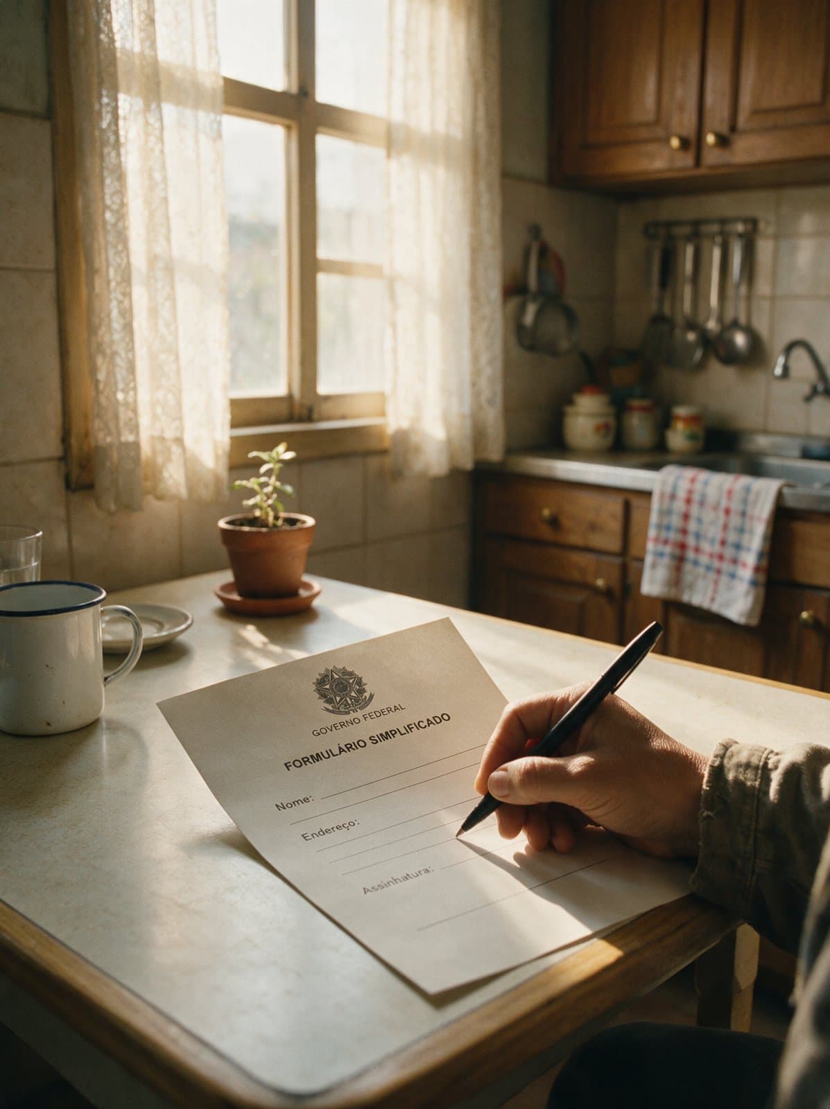 Pessoa preenchendo um formulário simples em casa, à luz da janela